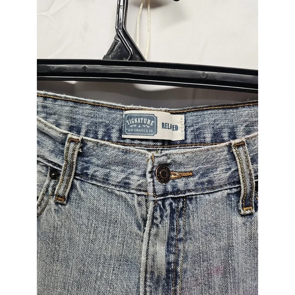 Levi Strauss Signature Men Blue Relaxed Fit Distressed Classic Denim Jeans 36x30